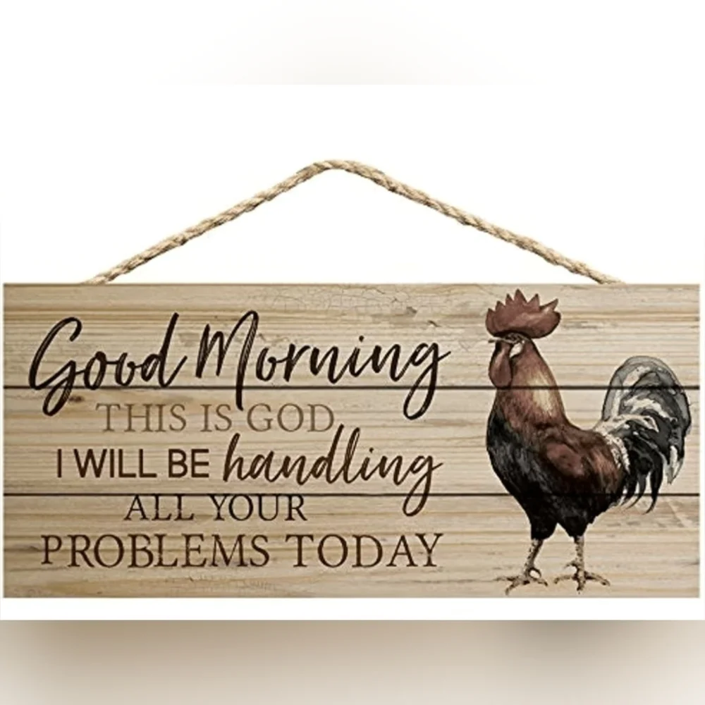 New Good Morning This Is God Rooster Pine Wood Decorative Hanging Sign, T1MIS